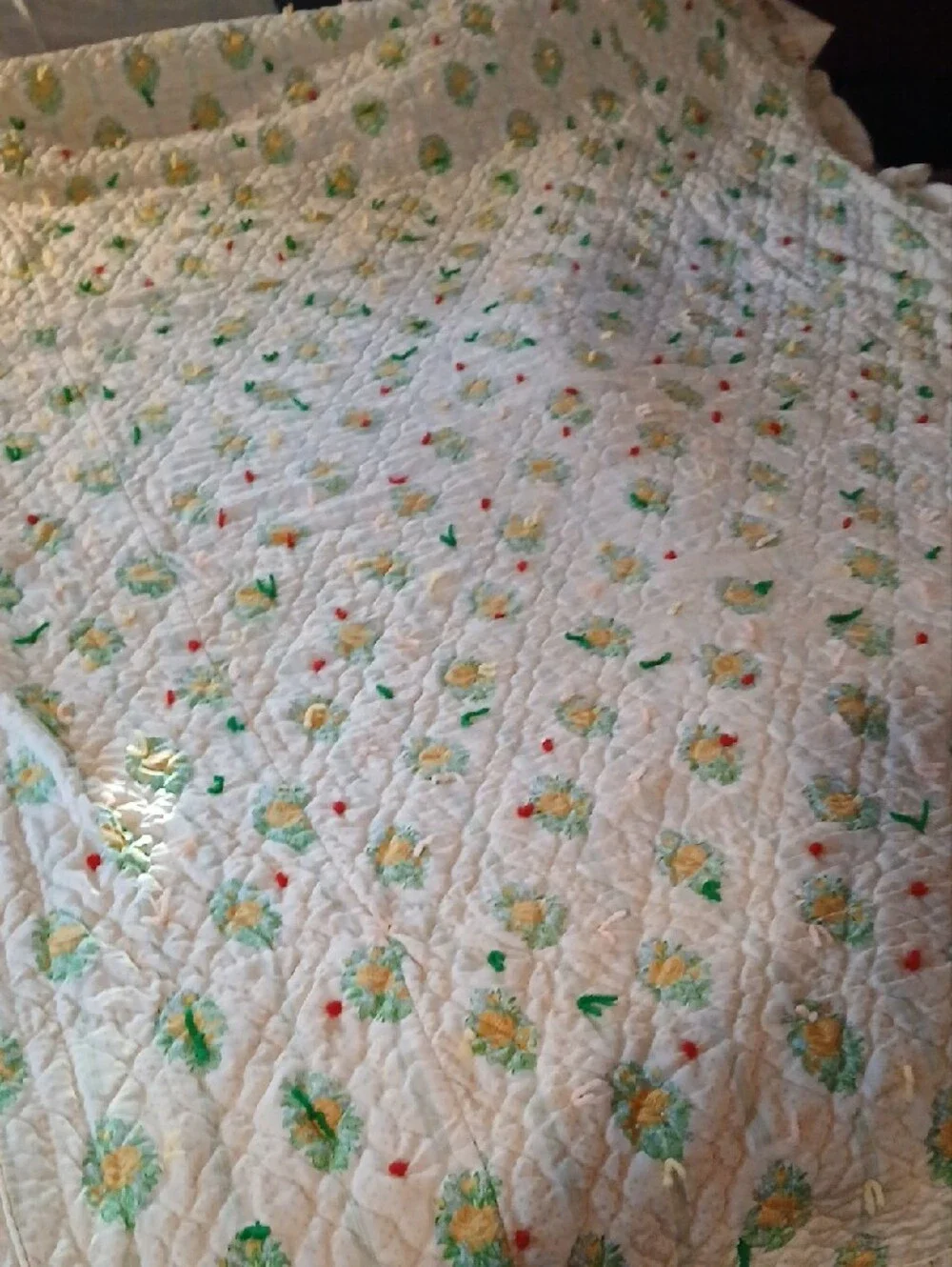 Floral Ruffled Quilt in Cream and Yellow - Home Bedding